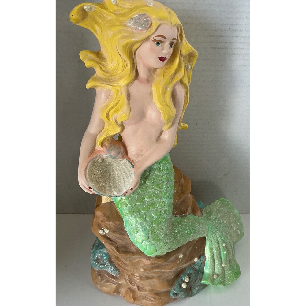 Mermaid Figurine Blonde Green Tail Glitter Seashell Nautical Beach Decor 9.5in